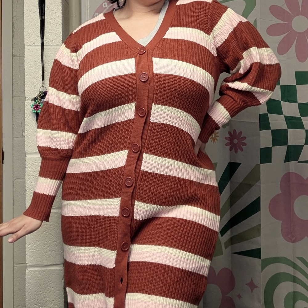 {SOLD} Bodycon Striped Puff Sleeve Sweater Dress